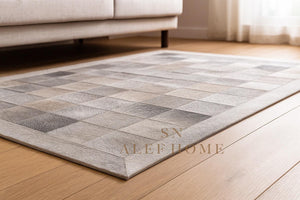 Handmade Gray Cowhide Patchwork Rug - Modern Hair-On Leather Carpet
