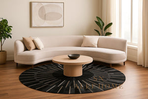 Black & Silver Cowhide Area Rug – Handmade Round Geometric Leather Patchwork Rug for Living Room