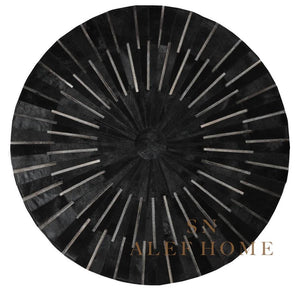 Black & Silver Cowhide Area Rug – Handmade Round Geometric Leather Patchwork Rug for Living Room - Alef home