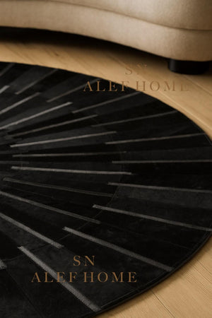 Black & Silver Cowhide Area Rug – Handmade Round Geometric Leather Patchwork Rug for Living Room - Alef home