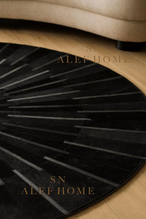 Black & Silver Cowhide Area Rug – Handmade Round Geometric Leather Patchwork Rug for Living Room