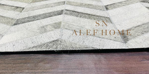 Chevron Cowhide Patchwork Rug: Modern Grey & White Leather, 8x10 ft