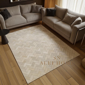 Handmade Ivory Cowhide Rug – Modern Scandinavian Leather Patchwork Carpet for Home Décor