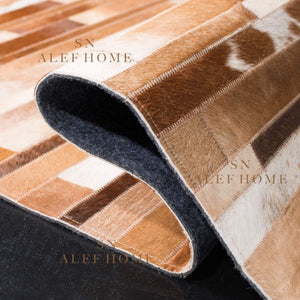 Handmade Beige Striped Cowhide Patchwork Rug : Hair-On Leather Carpet Modern Home Decor