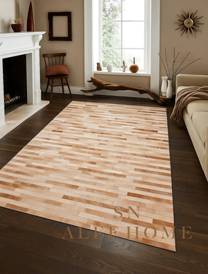 Handmade Beige Striped Cowhide Patchwork Rug : Hair-On Leather Carpet Modern Home Decor