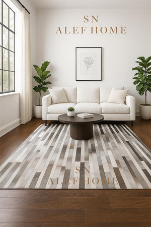 Handcrafted Grey Cowhide Rug 8x10 – Modern Striped Hair-On Leather Patchwork Carpet for Living Room - Alef home