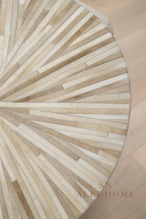 Handmade Beige Cowhide Rug: Round Leather Patchwork Carpet - Alef home