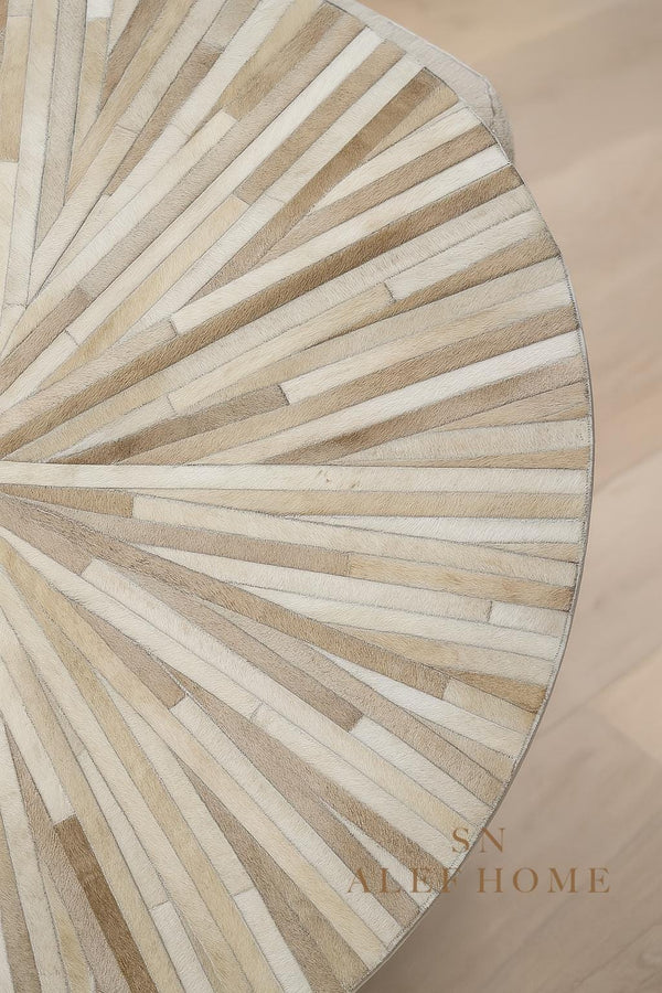 Handmade Beige Cowhide Rug: Round Leather Patchwork Carpet - Alef home