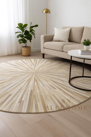 Handmade Beige Cowhide Rug: Round Leather Patchwork Carpet