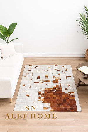 Geometric Mosaic Cowhide Rug – Rustic Handmade Hair-On Leather Patchwork Carpet for Home Décor - Alef home
