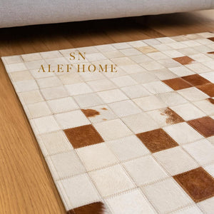 Geometric Mosaic Cowhide Rug – Rustic Handmade Hair-On Leather Patchwork Carpet for Home Décor