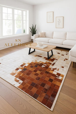 Geometric Mosaic Cowhide Rug – Rustic Handmade Hair-On Leather Patchwork Carpet for Home Décor