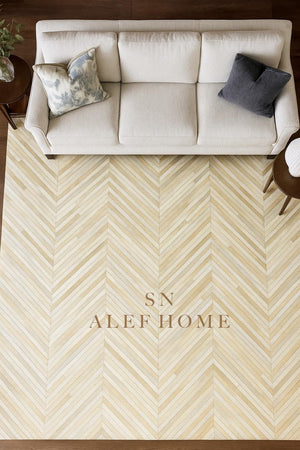 Beige Cowhide Chevron Rug 8x10: Hair-On Leather Patchwork Carpet - Alef home
