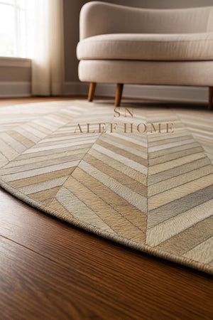 Beige Cowhide Chevron Rug 8x10: Hair-On Patchwork Leather Carpet For Home - Alef home