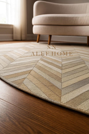 Handmade Beige Chevron Cowhide Rug 8x10: Modern Leather Patchwork Carpet - Alef home