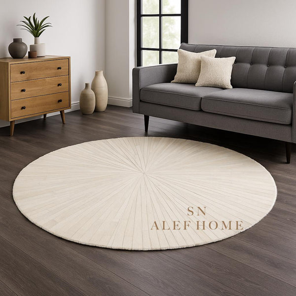Ivory Round Cowhide Rug – Handmade Starburst Leather Patchwork Carpet for Modern Home Décor