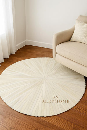 Ivory Round Cowhide Rug – Handmade Starburst Leather Patchwork Carpet for Modern Home Décor
