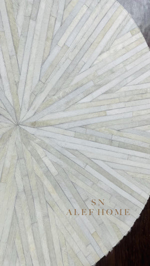 Ivory Round Cowhide Rug – Handmade Starburst Leather Patchwork Carpet for Modern Home Décor