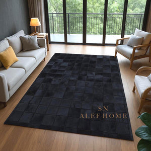 Handmade Black Cowhide Checkerboard Rug – Hair-On Leather Patchwork Carpet for Modern Home Décor - Alef home