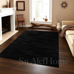 Black Striped Cowhide Patchwork Rug – Handmade Hair-On Leather Carpet for Home Décor - Alef home