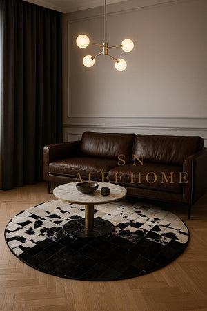 Handmade Cowhide Patchwork Rug: Round Black & White Leather Carpet