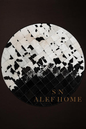 Handmade Cowhide Patchwork Rug: Round Black & White Leather Carpet - Alef home
