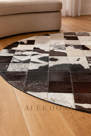 Handmade Cowhide Patchwork Rug: Round Black & White Leather Carpet