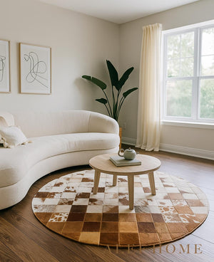 Handmade Cowhide Patchwork Rug: Round Leather Carpet for Rustic Decor - Alef home