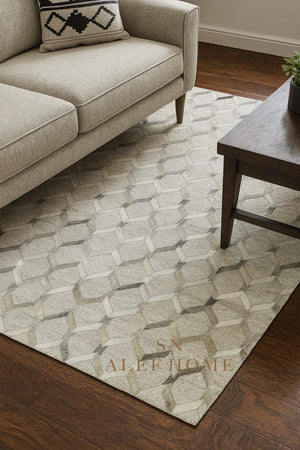 Handmade Geometric Cowhide Rug – Modern Hair-On Leather Patchwork Area Carpet for Home Décor - Alef home