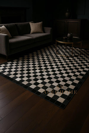 Handmade Cowhide Checkerboard Rug: Black & White Hair-On Leather Carpet - Alef home