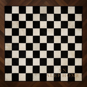 Handmade Cowhide Checkerboard Rug: Black & White Hair-On Leather Carpet - Alef home