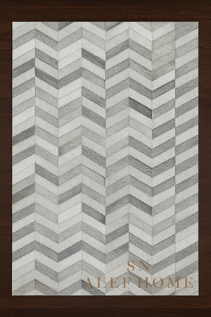 Chevron Cowhide Patchwork Rug: Modern Grey & White Leather, 8x10 ft - Alef home