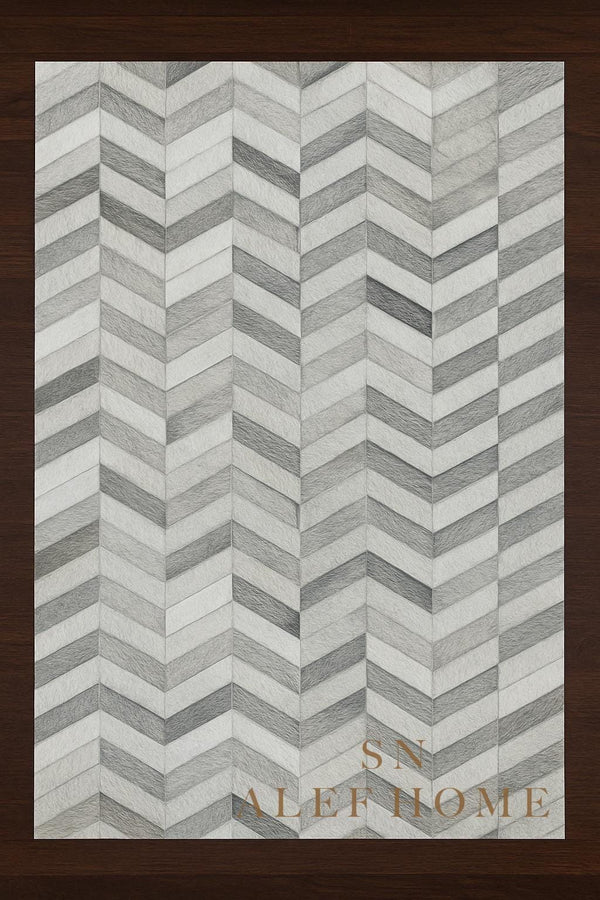 Chevron Cowhide Patchwork Rug: Modern Grey & White Leather, 8x10 ft - Alef home
