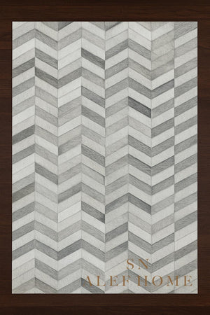 Chevron Cowhide Patchwork Rug: Modern Grey & White Leather, 8x10 ft