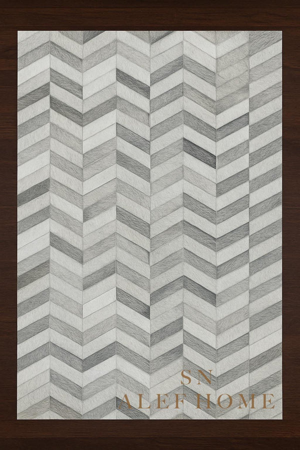 Chevron Cowhide Patchwork Rug: Modern Grey & White Leather, 8x10 ft