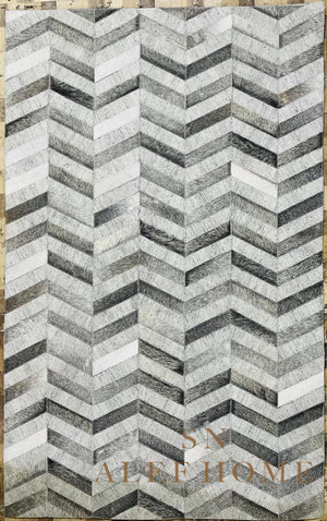 Chevron Cowhide Patchwork Rug: Modern Grey & White Leather, 8x10 ft