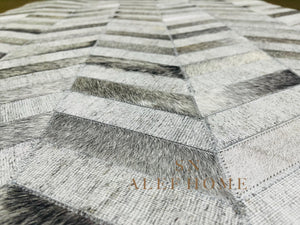 Chevron Cowhide Patchwork Rug: Modern Grey & White Leather, 8x10 ft - Alef home