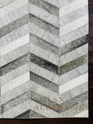 Chevron Cowhide Patchwork Rug: Modern Grey & White Leather, 8x10 ft - Alef home