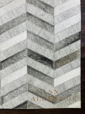 Chevron Cowhide Patchwork Rug: Modern Grey & White Leather, 8x10 ft