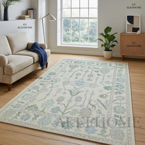 Hand-Tufted Wool Oushak Rug: Blue, Green & Cream Floral Carpet - Alef home