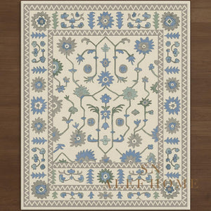 Hand-Tufted Wool Oushak Rug: Blue, Green & Cream Floral Carpet - Alef home