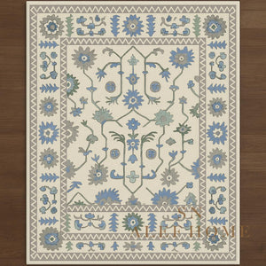 Hand-Tufted Wool Oushak Rug: Blue, Green & Cream Floral Carpet