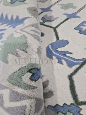 Hand-Tufted Wool Oushak Rug: Blue, Green & Cream Floral Carpet