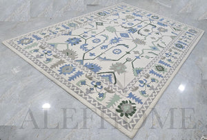Hand-Tufted Wool Oushak Rug: Blue, Green & Cream Floral Carpet - Alef home