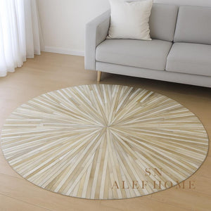 Handmade Beige Cowhide Rug: Round Leather Patchwork Carpet - Alef home