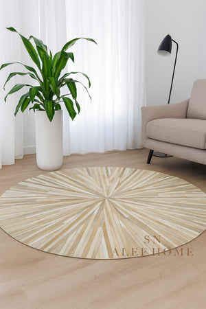 Handmade Beige Cowhide Rug: Round Leather Patchwork Carpet - Alef home