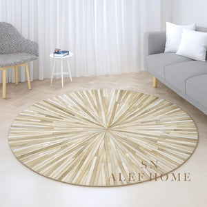 Handmade Beige Cowhide Rug: Round Leather Patchwork Carpet