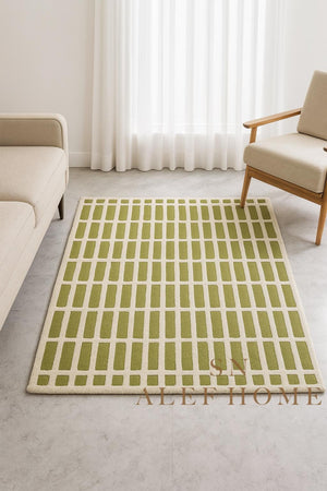 Handmade Olive Green Wool Rug: Modern Textured Grid Carpet - Alef home