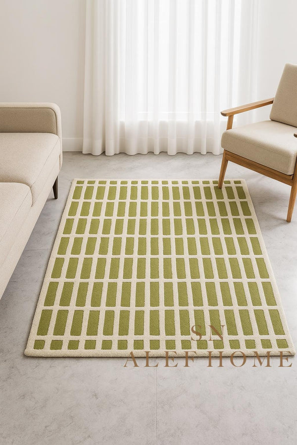 Handmade Olive Green Wool Rug: Modern Textured Grid Carpet - Alef home