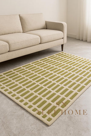 Handmade Olive Green Wool Rug: Modern Textured Grid Carpet - Alef home